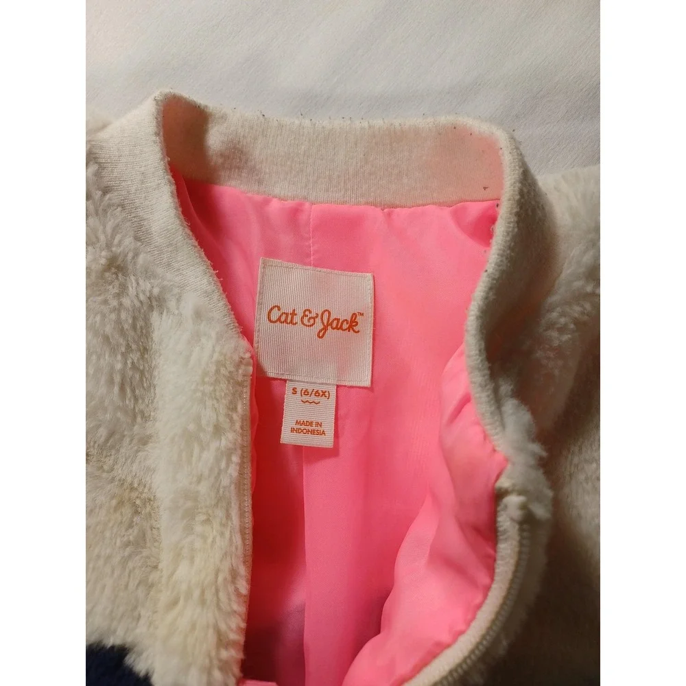 Cat & Jack‎ Jacket Girls Small 6/6X Blue White Colorblock Fuzzy Faux Fur Zip